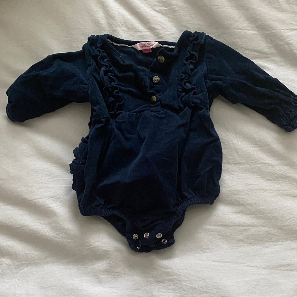 Ruffle Butts Navy Blue Long-Sleeve Ruffle One-Piece Bodysuit